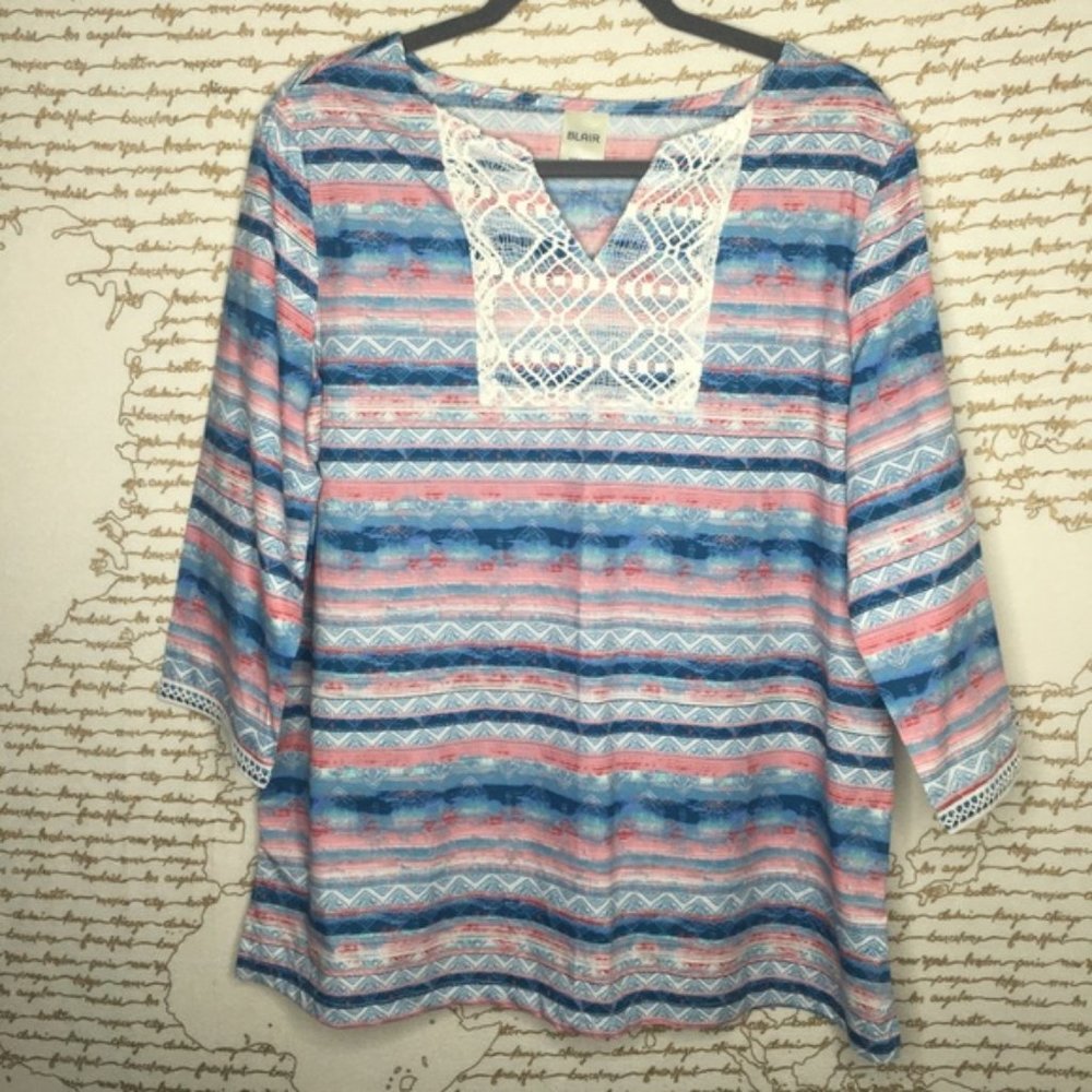Blair Size Medium Blue and Pink Stripe White Crochet Neckline Tunic Top